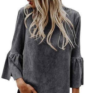 Bell Sleeve Top Suede Crew Neck Casual T-Shirt